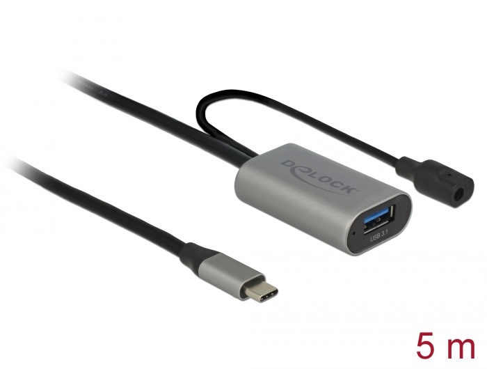 DeLOCK 85391. Lengte snoer: 5 m, Aansluiting 1: USB A, Aansluiting 2: USB C, USB-versie: USB 3.2 Gen 1 (3.1 Gen 1), Kleur van het product: Zwart, Grijs
