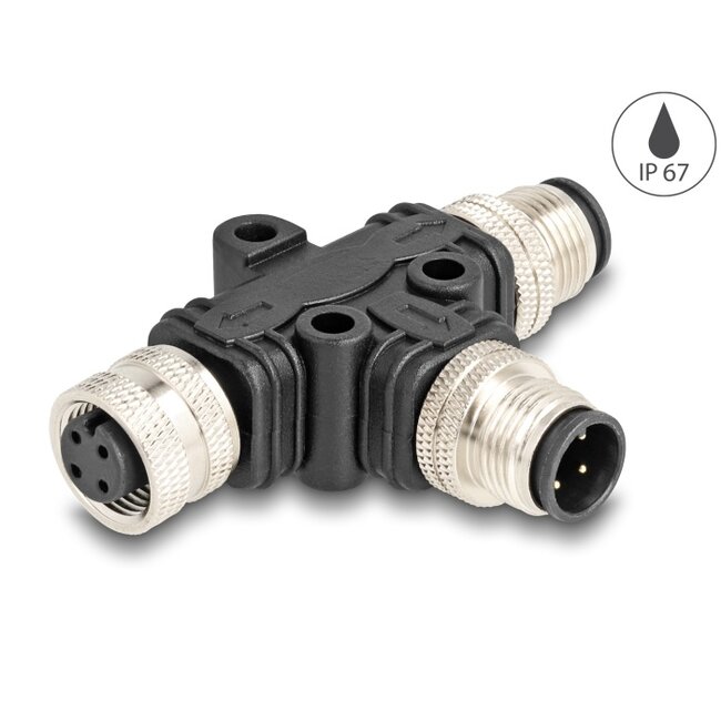 Delock M12 T-Splitter A-coded 4 pin 1 x male to 1 x male und 1 x female parallel connection