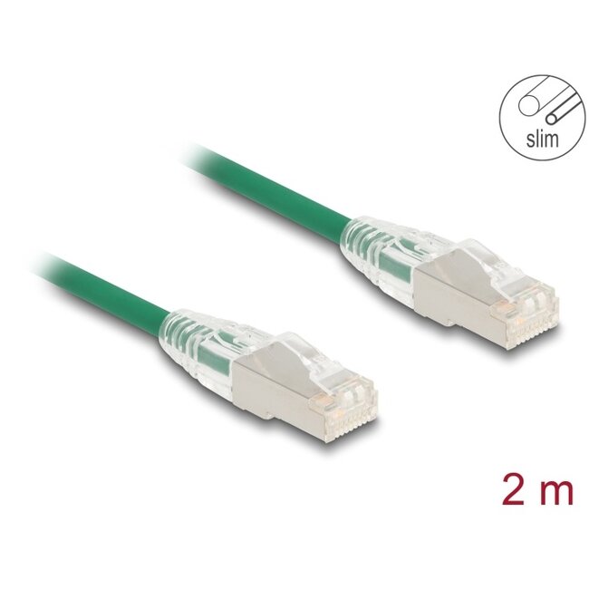 Delock RJ45 Network Cable Cat.6A plug to plug with curved latch U/FTP Slim 2 m green