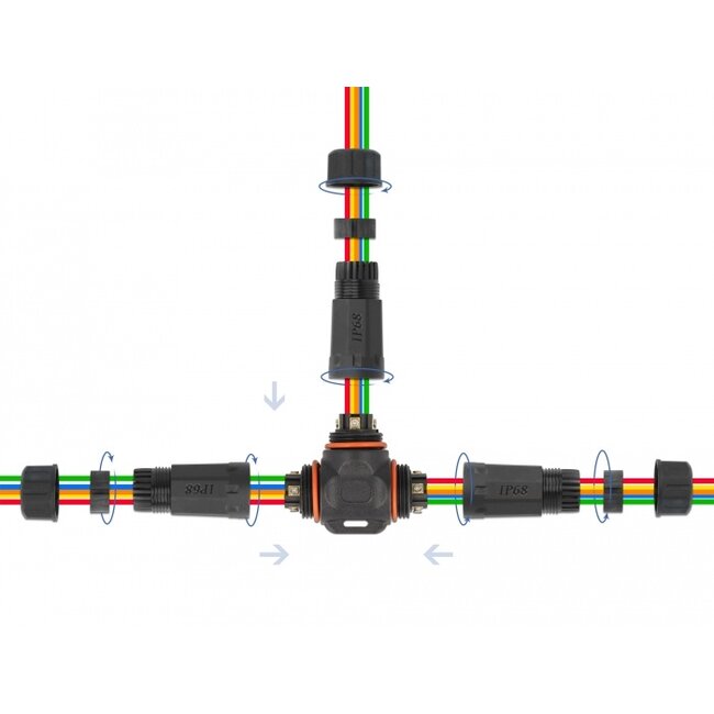 Delock Cable connector T-shape for outdoor 5 pin, IP68 waterproof, screwable, cable diameter 4.5 - 7.5 mm black
