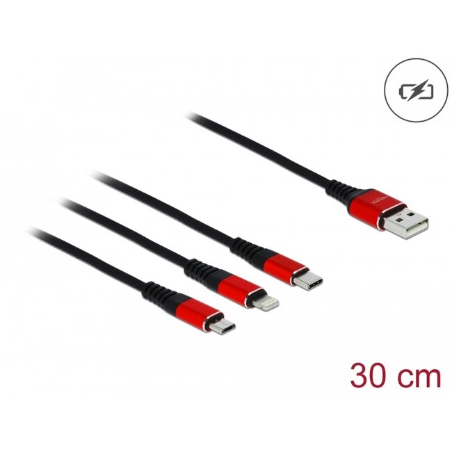 Delock USB Charging Cable 3 in 1 Type-A to Lightning™ / Micro USB / USB Type-C™ 30 cm black / red