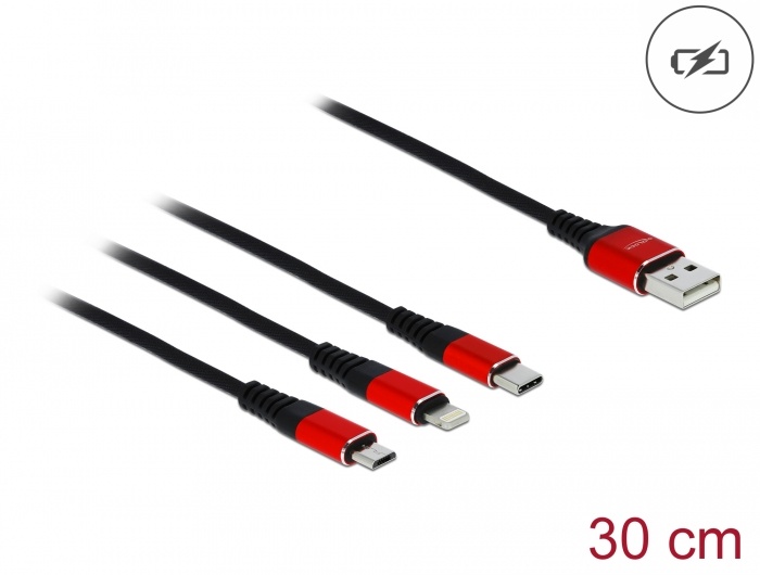 DeLOCK 85891. Snoerlengte: 0,3 m, Aansluiting 1: USB A, Aansluiting 2: USB C/Micro-USB B/Lightning, USB-versie: USB 2.0, Kleur van het product: Zwart, Rood