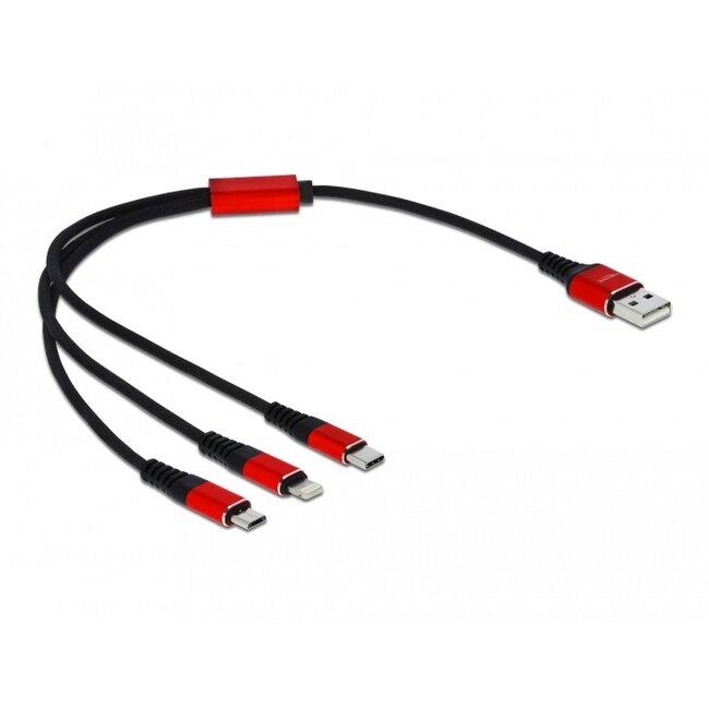 Delock USB Charging Cable 3 in 1 Type-A to Lightning™ / Micro USB / USB Type-C™ 30 cm black / red