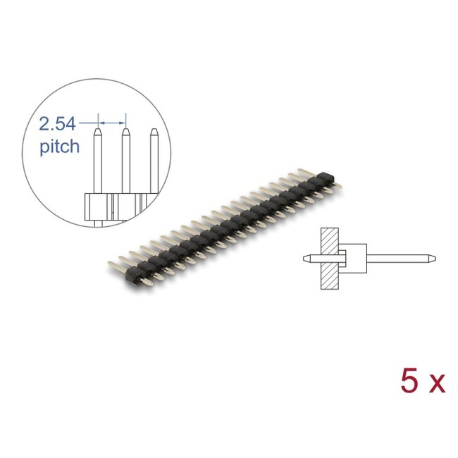 Delock Pin header 20 pin, pitch 2.54 mm, 1-row, straight, 5 pieces