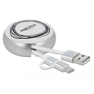 DeLOCK Delock USB 2 in 1 Retractable Cable Type-A to Micro-B and USB-C™ white / silver