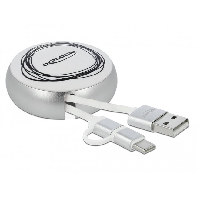 Delock USB 2 in 1 Retractable Cable Type-A to Micro-B and USB-C™ white / silver