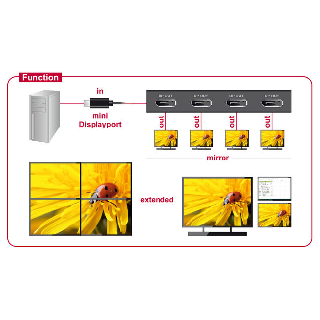Delock DisplayPort 1.2 Splitter 1 x mini DisplayPort in > 4 x DisplayPort out 4K