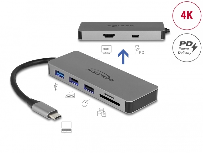 DeLOCK 87743. Hostinterface: USB 3.2 Gen 1 (3.1 Gen 1) Type-C, Hub-interfaces: HDMI, USB 2.0, USB 3.2 Gen 1 (3.1 Gen 1) Type-A, USB 3.2 Gen 1 (3.1 Gen 1) Type-C, Compatibele geheug