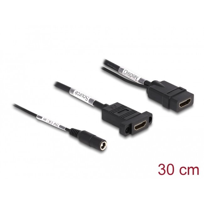 Delock HDMI Cable 4K 60 Hz with DC feed 2.1 x 5.5 mm 0.30 m panel-mount
