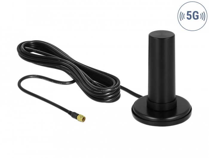 Delock 5G LTE Antenna SMA plug 0 - 3 dBi fixed omnidirectional with magnetic base and connection cable RF195 3 m outdoor black |