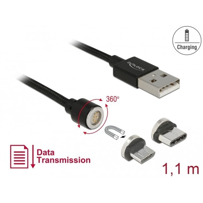 Delock Magnetic USB Data and Charging Cable Set for Micro USB / USB Type-C™ black 1.1 m