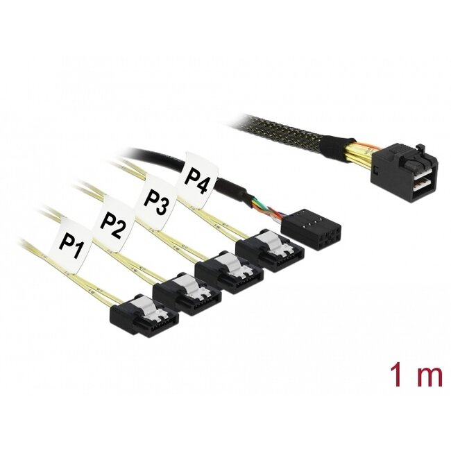 Delock Kabel Mini SAS HD SFF-8643 > 4 x SATA 7 Pin + Sideband 1 m Metall