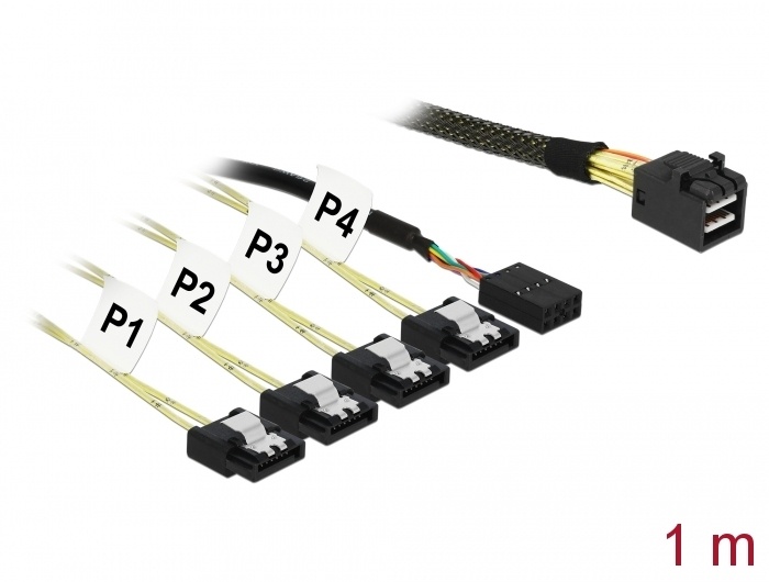 DeLOCK Mini SAS HD SFF-8643 naar 4 x SATA 7 Pin adapter + Sideband 1 m Metal