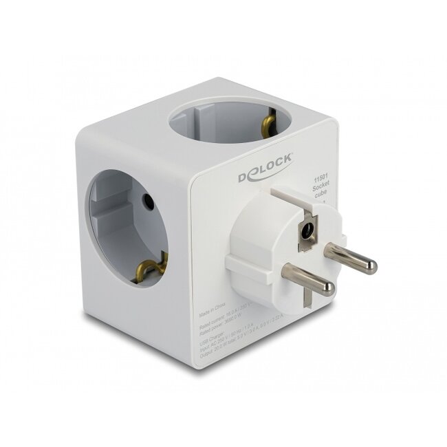 Delock Multi Socket Cube 3-way with childproof lock and USB PD 3.0 charger 20 W white