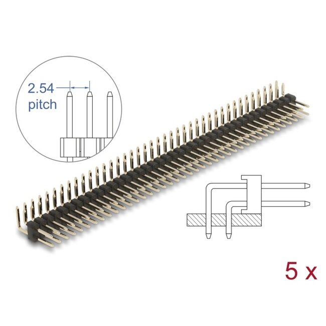 Delock Pin header 40 pin, pitch 2.54 mm, 2-row, angled, 5 pieces