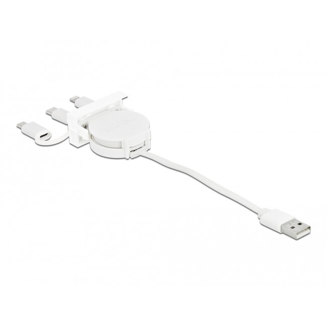 Delock Easy 45 Module USB 2.0 3 in 1 Retractable Cable USB Type-A to USB-C™, Micro USB and Lightning white