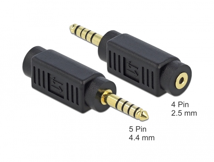 DeLOCK 65996. Aansluiting 1: 4.4 mm 5 pin, Aansluiting 2: 2.5 mm 4 pin, Contact geleider materiaal: Goud. Kleur van het product: Zwart
