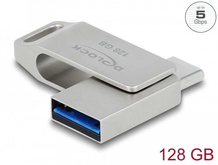 DeLOCK 54076. Capaciteit: 128 GB, Aansluiting: USB Type-A / USB Type-C, USB-versie: 3.2 Gen 1 (3.1 Gen 1), Leessnelheid: 71 MB/s, Schrijfsnelheid: 54 MB/s. Vormfactor: Draaibaar, K