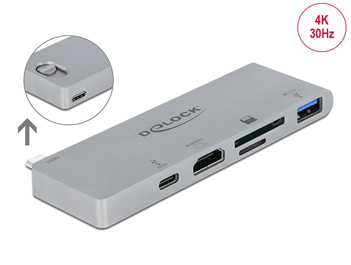 DeLOCK 87745. Hostinterface: USB 3.2 Gen 1 (3.1 Gen 1) Type-C, Hub-interfaces: HDMI, USB 3.2 Gen 1 (3.1 Gen 1) Type-A, USB 3.2 Gen 1 (3.1 Gen 1) Type-C, Compatibele geheugenkaarten