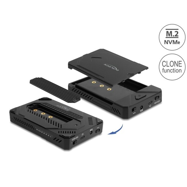 Delock USB Type-C™ Enclosure for 1 x M.2 NVMe SSD + 1 x 2.5″ SATA SSD / HDD with Clone Function