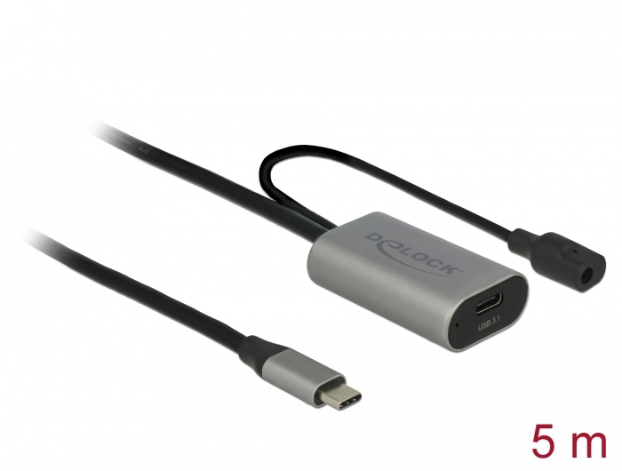 DeLOCK 85392. Lengte snoer: 5 m, Aansluiting 1: USB C, Aansluiting 2: USB C, USB-versie: USB 3.2 Gen 1 (3.1 Gen 1), Kleur van het product: Zwart, Grijs