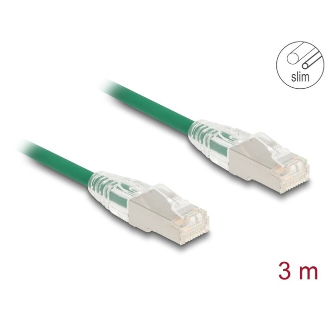 Delock RJ45 Network Cable Cat.6A plug to plug with curved latch U/FTP Slim 3 m green