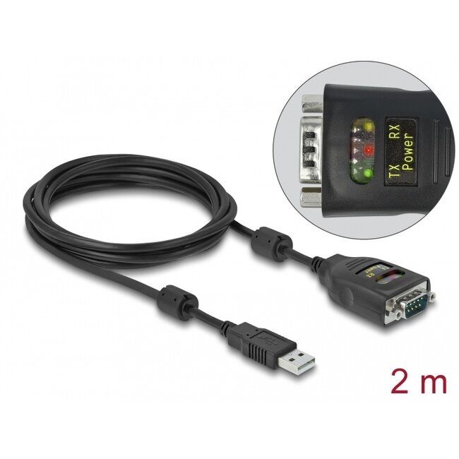 Delock Adapter USB 2.0 Type-A to Serial RS-232 D-Sub 9 pin 2.5 kV Galvanic Isolation 2 m