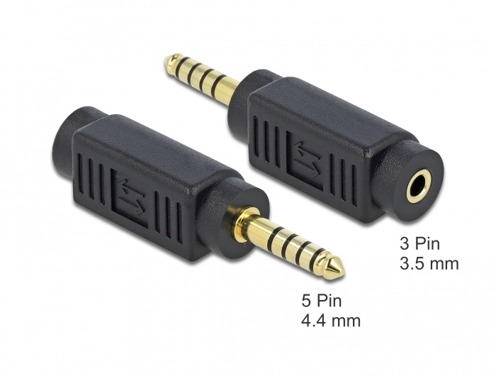 DeLOCK 65994. Aansluiting 1: 4.4 mm 5 pin, Aansluiting 2: 3.5 mm 3 pin, Contact geleider materiaal: Goud. Kleur van het product: Zwart