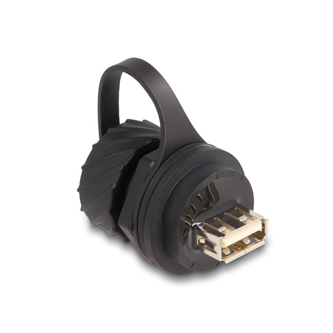 Delock Cable Connector USB 2.0 Type-B female to USB 2.0 Type-A female for installation with bayonet protective cap IP68 dust- and waterproof black