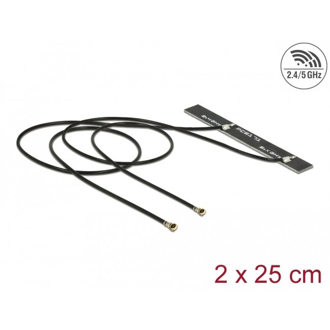 Delock Dual Band WLAN WiFi 6 Twin Antenna 2 x I-PEX Inc., MHF® 4L plug 5 dBi 2 x 25 cm PCB internal self adhesive