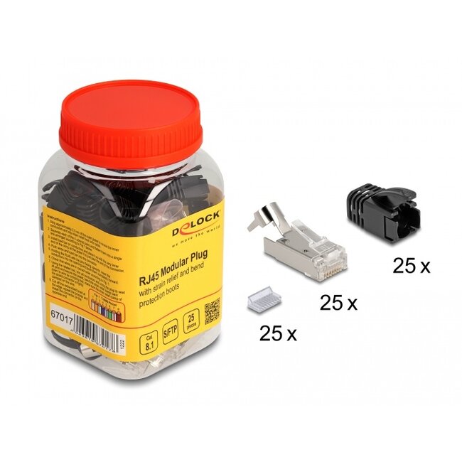Delock RJ45 Modular Plug with strain relief Cat.8.1 and bend protection boots 25 pcs set