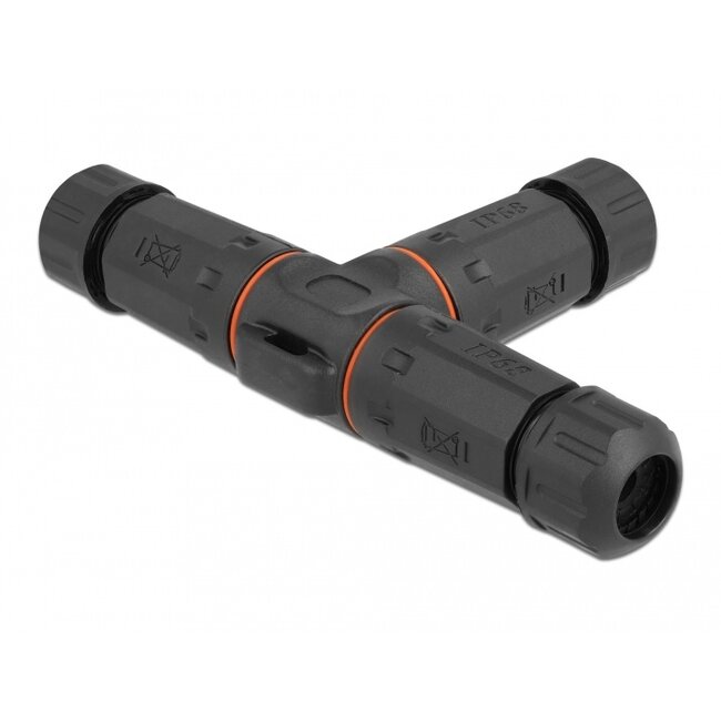 Delock Cable connector T-shape for outdoor 3 pin, IP68 waterproof, screwable, cable diameter 4.5 - 7.5 mm black