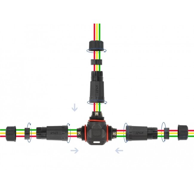 Delock Cable connector T-shape for outdoor 3 pin, IP68 waterproof, screwable, cable diameter 4.5 - 7.5 mm black