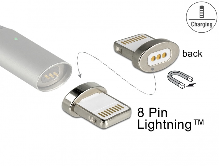 DeLOCK 65928. Aansluiting 1: 8 pin Lightning, Aansluiting 2: magnet interface. Kleur van het product: Zilver
