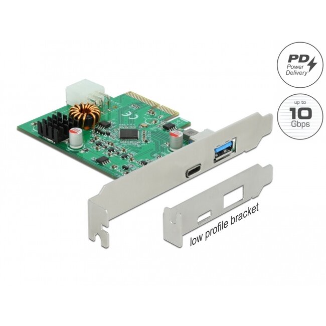 Delock PCI Express x4 Card to 1 x external USB Type-C™ female with PD function + 1 x external USB Type-A female SuperSpeed USB 10 Gbps (USB 3.2 Gen 2)