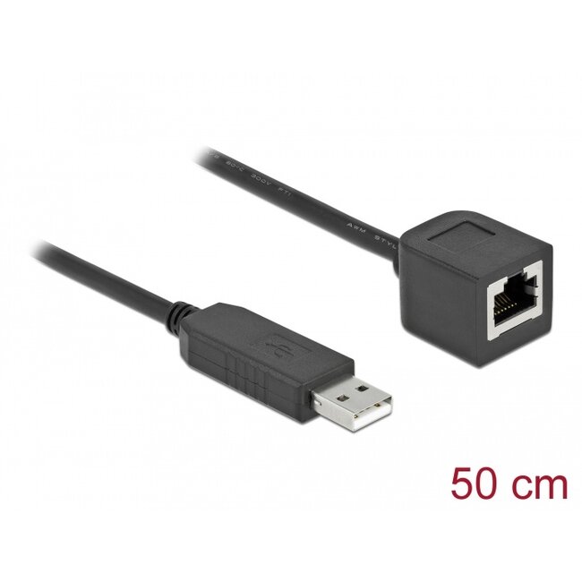 Delock Serial Connection Cable with FTDI chipset, USB 2.0 Type-A male to RS-232 RJ45 female 50 cm black
