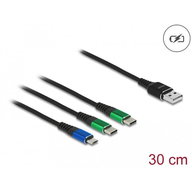 Delock USB Charging Cable 3 in 1 Type-A to Micro USB / 2 x USB Type-C™ 30 cm