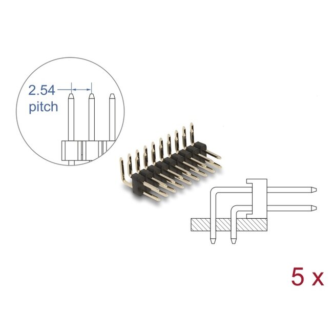 Delock Pin header 10 pin, pitch 2.54 mm, 2-row, angled, 5 pieces