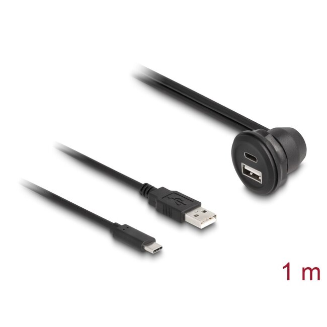Delock USB 2.0 Cable USB Type-A male and USB Type-C™ male to USB Type-A female 90° angled and USB Type-C™ female 90° angled for built-in 1 m black