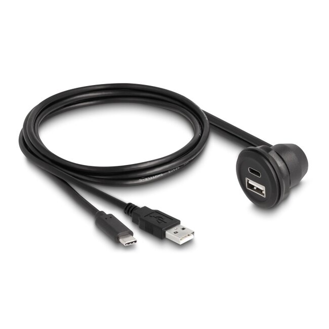 Delock USB 2.0 Cable USB Type-A male and USB Type-C™ male to USB Type-A female 90° angled and USB Type-C™ female 90° angled for built-in 1 m black