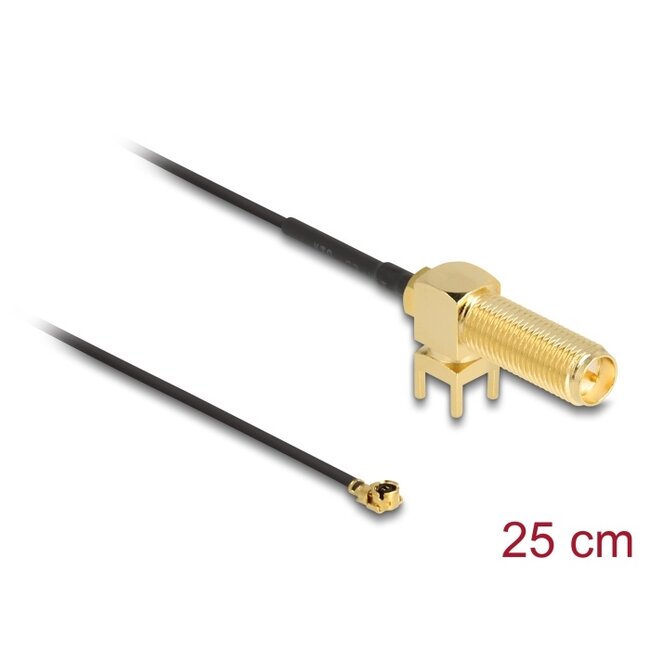 Delock Antenna Cable RP-SMA 90° PCB jack bulkhead to I-PEX Inc., MHF® I plug 1.13 25 cm thread length 15 mm