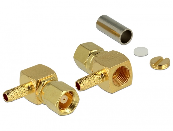 DeLOCK 65860. Aansluiting type: SMC, Geslacht connector: Mannelijk, Verbindingshoek: 90°. Breedte: 12,5 mm, Diepte: 15,5 mm, Hoogte: 6,5 mm. Type verpakking: Polybag