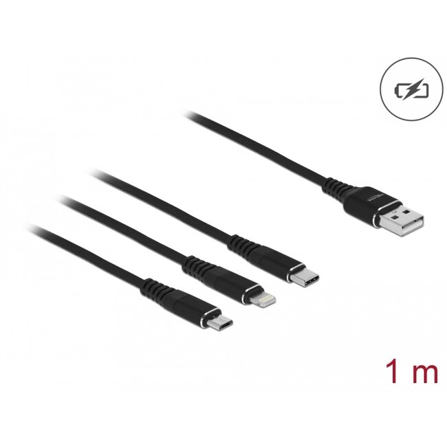 Delock USB Charging Cable 3 in 1 Type-A to Lightning™ / Micro USB / USB Type-C™ 1 m black