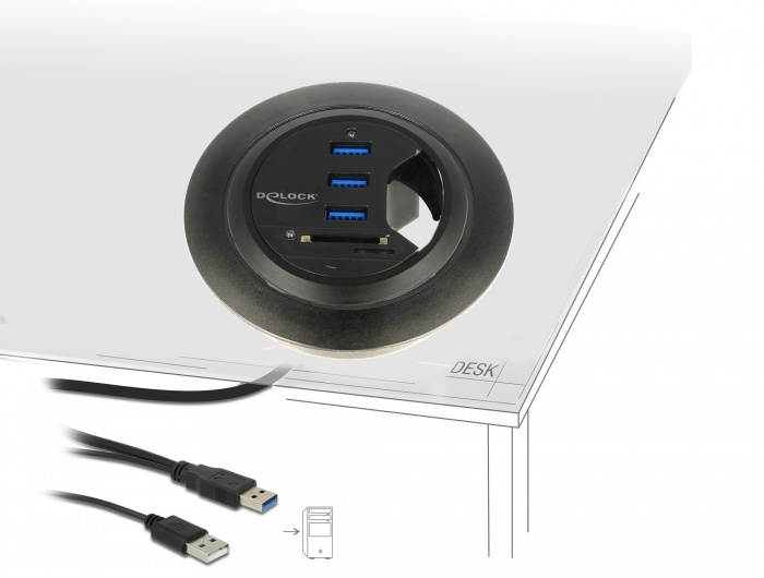DeLOCK In-Desk Hub 3 Port USB 3.0 + 2 Slot SD Card Reader kaartlezer