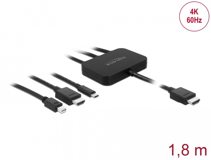 DeLOCK 85830. Aansluiting 1: HDMI Type A (Standaard), Aansluiting 2: HDMI + Mini DisplayPort + USB Type-C, Aansluiting 1 type: Mannelijk