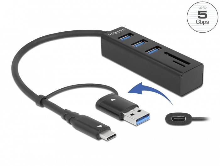 DeLOCK 63859. Hostinterface: USB 3.2 Gen 1 (3.1 Gen 1) Type-A + Type-C, Hub-interfaces: USB 3.2 Gen 1 (3.1 Gen 1) Type-A, Compatibele geheugenkaarten: MicroSD (TransFlash), SD. Ove
