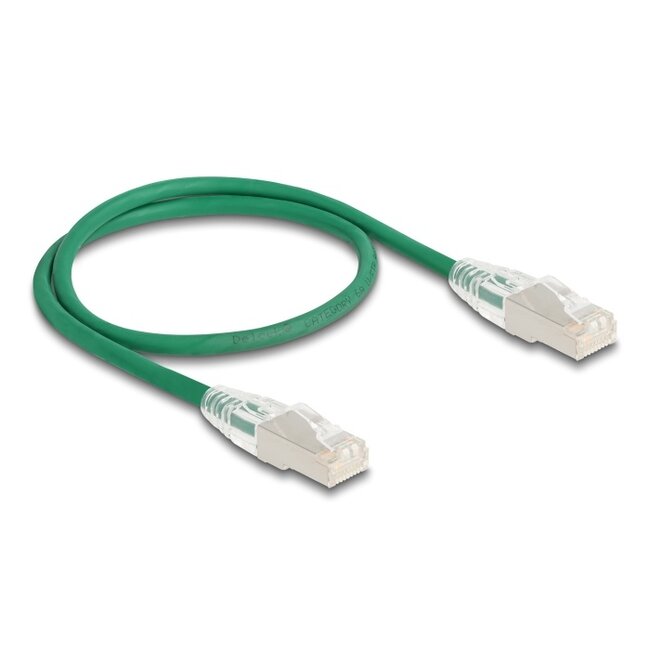 Delock RJ45 Network Cable Cat.6A plug to plug with curved latch U/FTP Slim 0.5 m green