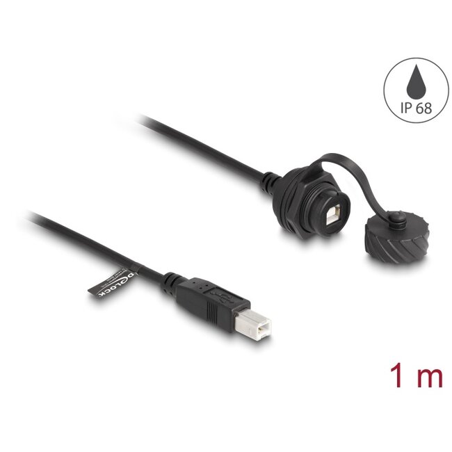 Delock Cable USB 2.0 Type-B male to USB 2.0 Type-B female for installation with bayonet protective cap IP68 dust and waterproof 1 m black