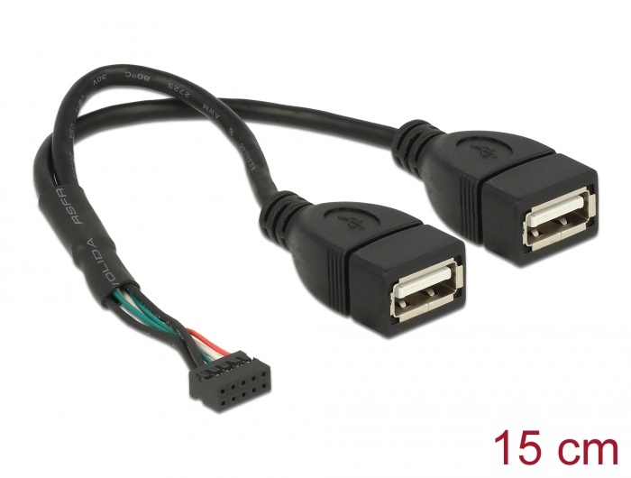 DeLOCK 0.2m, USB2.0 10p/2xUSB 2.0-A. Lengte snoer: 0,2 m, Aansluiting 1: 2 x USB A, USB-versie: 2.0, Geslacht connector: Vrouwelijk/Vrouwelijk, Overdrachtssnelheid (max): 480 Mbit/