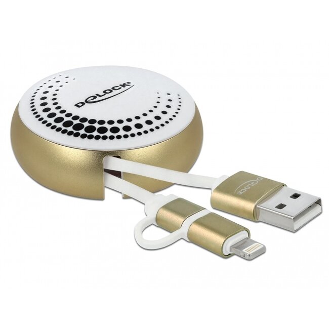 Delock USB 2 in 1 Retractable Cable Type-A to Micro-B and Lightning™ white / gold